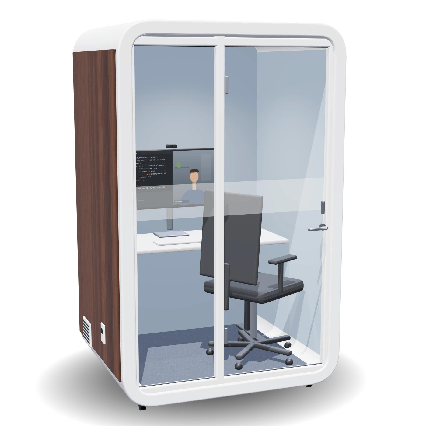 A SmartVue interview pod: white soundproofed booth with walnut side panel and glass door, a desk with a monitor showing a coding interview, and an office chair